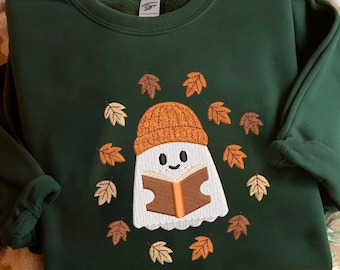 Diseño de bordado de fantasmas leyendo, lindo archivo de bordado de Halloween otoñal, patrón de bordado a máquina de fantasmas de libros otoñales, descarga digital