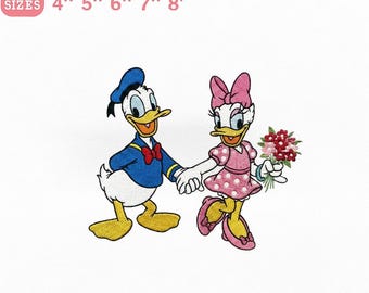 Disney Donald Daisy Embroidery Design, Donald Holding Daisy Hand Love Embroidery File, Disney Machine Embroidery 4x4–8x8