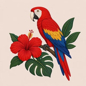 Scarlet Macaw Parrot Embroidery Design, Tropical Bird Flower Machine File (Digital Download)