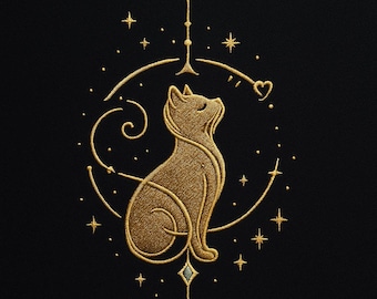 Luxury Gold Cat Embroidery Design, Celestial Line Art Kitty Machine Embroidery File, Elegant Minimalist Cat Pattern, Embroidery Download