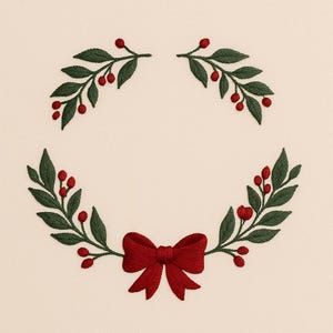May include: Embroidered wreath design featuring green leaves and red berries, with a vibrant red bow at the bottom. The design is set against a cream-colored background, perfect for holiday decor or crafts.