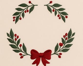 Christmas Wreath Embroidery Design, Bow and Holly Leaves Machine Embroidery File, Holiday Frame Stitch Pattern, Xmas Digital File
