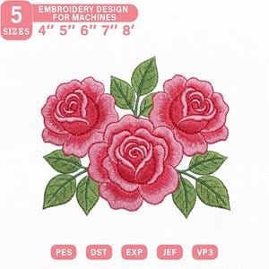 Puede incluir: Un diseño de bordado con tres rosas rojas y hojas verdes. El diseño es para máquinas y viene en cinco tamaños: 10,16 cm, 12,7 cm, 15,24 cm, 17,78 cm y 20,32 cm. El texto dice "EMBROIDERY DESIGN FOR MACHINES".