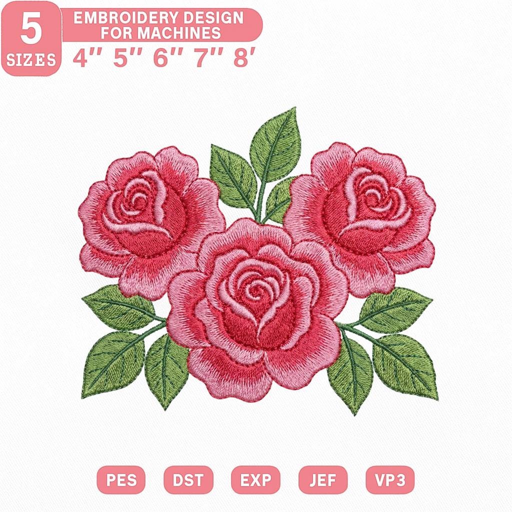 Embroidy Design Roses Rose Embroidery Design, Pink Floral Machine Embroidery Pattern (digital ...