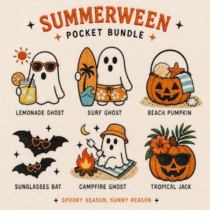 May include: An illustrated "Summerween Pocket Bundle" featuring a ghost enjoying lemonade, a ghost with a surfboard, a pumpkin with a beach theme, bats with sunglasses, a ghost by a campfire, and a tropical jack-o'-lantern. The text says "Spooky Season, Sunny Reason."