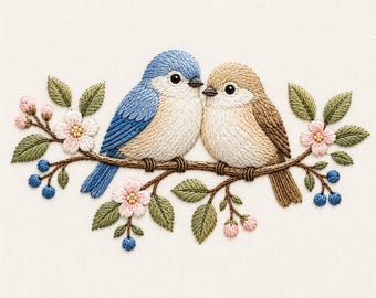 May include: An embroidery design featuring two birds perched on a branch. One bird is blue and cream, the other is tan and cream. The branch is decorated with green leaves, small pink flowers with yellow centers, and clusters of tiny blue berries.