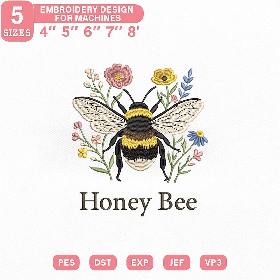 Honey Bee Floral Embroidery Design, Wildflower Nature Insect Machine ...