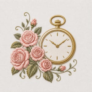 Pocket Watch Embroidery Design, Vintage Rose Machine Embroidery File, Floral Clock Antique Timepiece PES DST