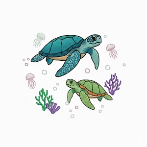 Könnte beinhalten: Gesticktes Design mit zwei Meeresschildkröten in Türkis- und Grüntönen, die zwischen Quallen, Blasen und Korallen schwimmen. Die Schildkröten haben detaillierte Muster auf ihren Panzern und Flossen. Der Hintergrund ist weiß.