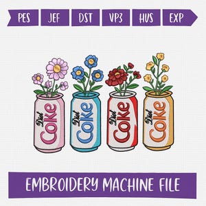 Pode incluir: Um arquivo de máquina de bordar com quatro latas de Diet Coke, cada uma com uma flor diferente. As latas são rosa, azul, vermelha e amarela, com o logotipo da Diet Coke. O texto "EMBROIDERY MACHINE FILE" está na parte inferior.