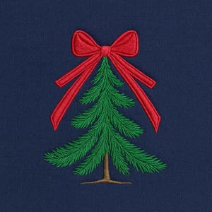 May include: Embroidered Christmas tree design with a red bow on a navy blue background. The tree is green with a brown trunk. The bow is a vibrant red, adding a festive touch to the design. This image is perfect for holiday-themed products.