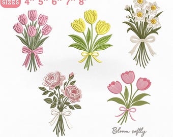 Floral Bouquet Embroidery Design Bundle, Tulip Rose Spring Flower ...