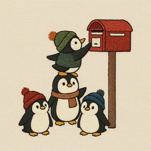 May include: Embroidered image of four penguins, three standing and one reaching toward a red mailbox. The penguins wear hats in red, green, and blue, and one has a brown scarf. The mailbox is on a brown post.