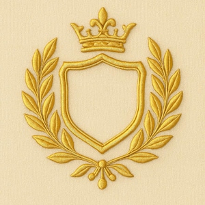 Pode incluir: Design de brasão dourado bordado com coroa, escudo e grinalda de louros sobre fundo creme. A coroa está acima do escudo e a grinalda o envolve. O design é simétrico e detalhado.