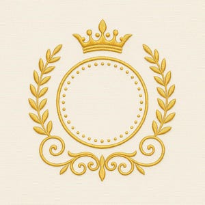 以下が含まれることがあります： 金色の刺繍エンブレム。王冠が点線で縁取られた円形のフレームの上に配置されています。月桂樹の枝と装飾的な装飾がフレームを囲んでいます。デザインはクリーム色の生地に施されており、刺繍プロジェクトや装飾に適しています。