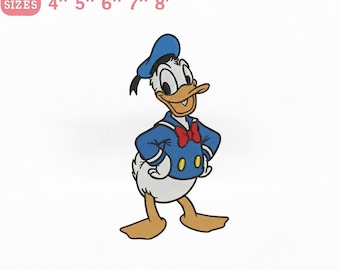 Disegno da ricamo di Paperino Disney, file da ricamo classico di Paperino, ricamo di personaggi dei cartoni animati, 5 misure da 4 a 8 pollici