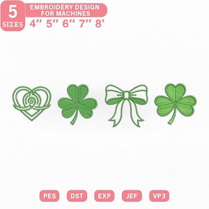 Op de afbeelding: Groene borduurontwerpen voor machines, waaronder een hart, klavers en een strik. De ontwerpen zijn verkrijgbaar in 5 maten: 10 cm, 13 cm, 15 cm, 18 cm en 20 cm. De tekst "EMBROIDERY DESIGN FOR MACHINES" is ook opgenomen.