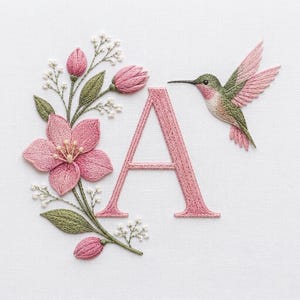 May include: A hand-embroidered letter A in soft pink thread, surrounded by a floral arrangement of pink blossoms, green leaves, and small white buds. A hummingbird with pink and green wings is stitched in flight to the right of the letter.