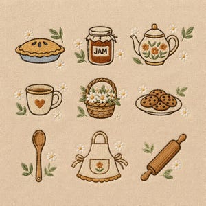 Könnte beinhalten: Ein Stickmuster auf beigem Stoff mit neun Symbolen: ein Kuchen, ein Glas mit der Aufschrift JAM, eine geblümte Teekanne, eine Tasse mit Herzmuster, ein Korb mit Gänseblümchen, ein Teller mit Keksen, ein Holzlöffel, eine Schürze und ein Nudelholz.