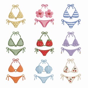 May include: Nine embroidered bikini sets in various colors and designs. Styles include floral, striped, and fruit-themed tops and bottoms. Each set features tie closures and decorative details, perfect for summer.