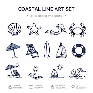 May include: A collection of 12 coastal-themed embroidery designs in navy blue. Designs include a seashell, starfish, wave, crab, beach umbrella, beach chair, surfboard, sailboat, life preserver, and more. Text reads "COASTAL LINE ART SET" and "12 EMBROIDERY DESIGNS".