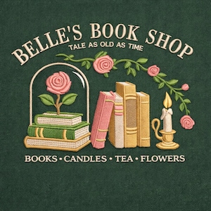 Diseño de la librería de Bella, patrón de bordado de princesa retro vintage, archivo de puntada de cuento tan antiguo como el tiempo