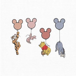May include: Embroidered design featuring Tigger, Piglet, Winnie the Pooh, and Eeyore, each holding onto a Mickey Mouse-shaped balloon. The balloons are in shades of peach, pink, red, and blue. The characters are in their classic colors.