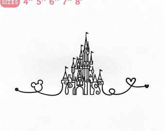 Wzór haftu zamku Disneya, plik do haftu linii zamku Disneya, uszy Myszki Miki w kształcie serca Disney, 5 rozmiarów 4–8 cali