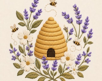 Pode incluir: Um bordado apresentando uma colmeia central amarelo-dourada com uma entrada castanho-escura, rodeada por ramos de lavanda roxos, flores brancas com centros amarelos e três pequenas abelhas com corpos de riscas pretas e amarelas.
