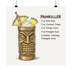 Tiki Cocktail Recipe Poster: Tropical Bar Art, Summer Kitchen Decor