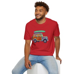 Surf Adventure Unisex Softstyle T-Shirt, Beach Vibes Tee, Summer Apparel, Gift for Surfers, Vintage Surf Car Design