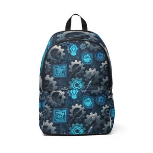 Tech-Inspired Unisex Fabric Backpack, Adjustable Cool Bag, Gear Design, Perfect for School, Travel, Gift for Tech Lovers