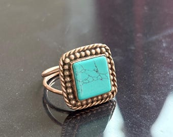 Handmade Natural Turquoise Copper Ring, Bohemian Statement Ring, Vintage Style Jewelry