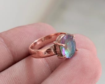 Mystic Topaz Copper Ring, Boho Rainbow Gemstone Statement Jewelry