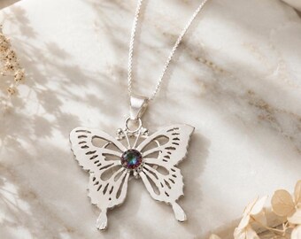 Sterling Silver Mystic Topaz Butterfly Necklace, Handmade Nature Pendant, Boho Jewelry