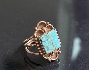 Southwestern Copper Turquoise Ring, Floral Statement Jewelry, Handmade Boho Style