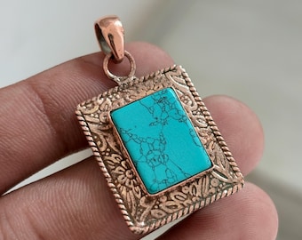 Copper Turquoise Pendant Necklace, Boho Statement Jewelry, Rustic Handmade Gemstone