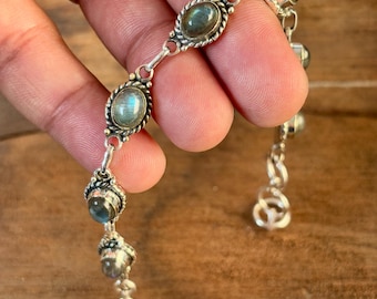Handmade Labradorite Bracelet – Sterling Silver Gemstone Jewelry – Boho Chic Adjustable Bracelet for Women