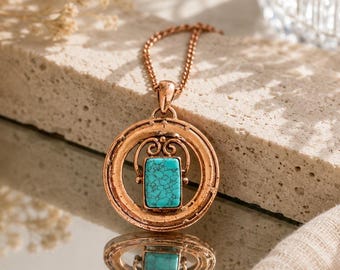 Handmade Copper Turquoise Pendant Necklace, Artisan Boho Gemstone Jewelry