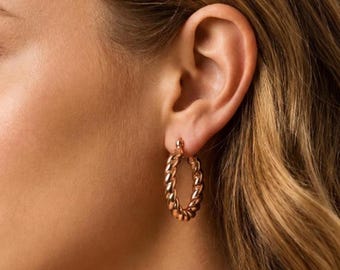 Copper Twisted Hoop Earrings, Rope Texture, Rustic Boho Jewelry, Minimalist Everyday