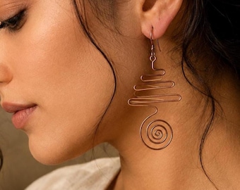 Copper Spiral Dangle Earrings, Boho Geometric Statement Artisan Jewelry