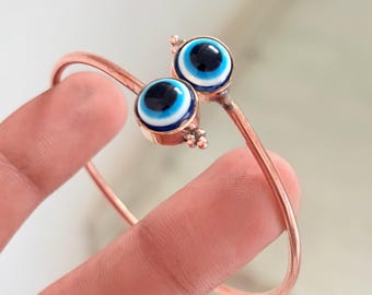 Evil Eye Copper Bangle, Handmade Nazar Bracelet, Blue Eye Open Cuff, Boho Protective Jewelry