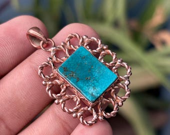 Copper Turquoise Pendant Necklace : Rustic Handmade Gemstone, Gift For Women, Minimalist Boho Jewelry