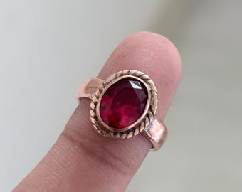 Garnet Copper Ring, Natural Oval Red Gemstone, Boho Statement Rustic Jewelry