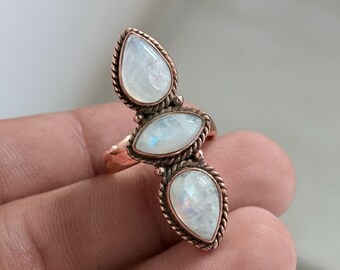 Adjustable Copper Ring, Triple Rainbow Moonstone Statement, Boho Gemstone Jewelry