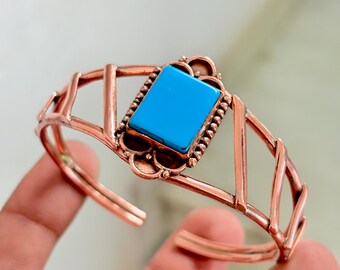 Handmade Blue larimar Gemstone cuff, Artisan Boho Jewelry, Adjustable Copper Bracelet, Gift for Her