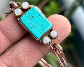 Handcrafted Copper Bangle: Turquoise Moonstone Gemstone Bracelet