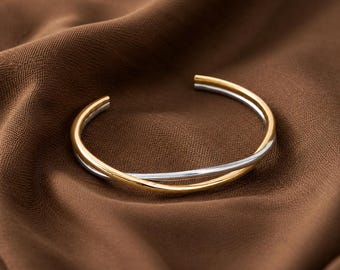 Two Tone Open Bangle, Adjustable Silver Brass, Minimalist Stackable Bracelet