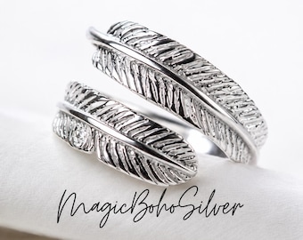 Sterling Silver Adjustable Polished Feather Ring, Modern Women ring