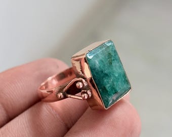 Natural Emerald Copper Ring, Vintage Floral Statement Ring